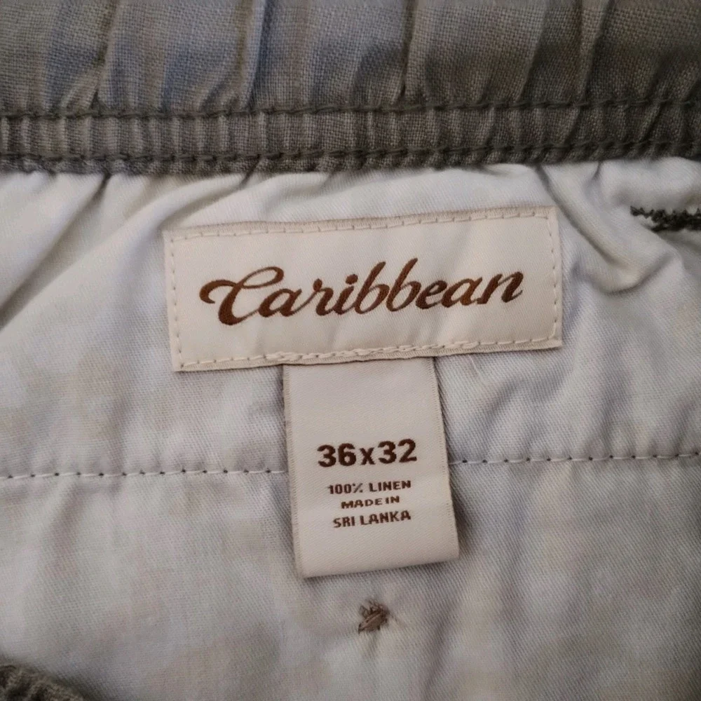 Caribbean Mens Linen Pants 36x32 (Fits 34x32) Tan Beige Elastic Waist Flat Front